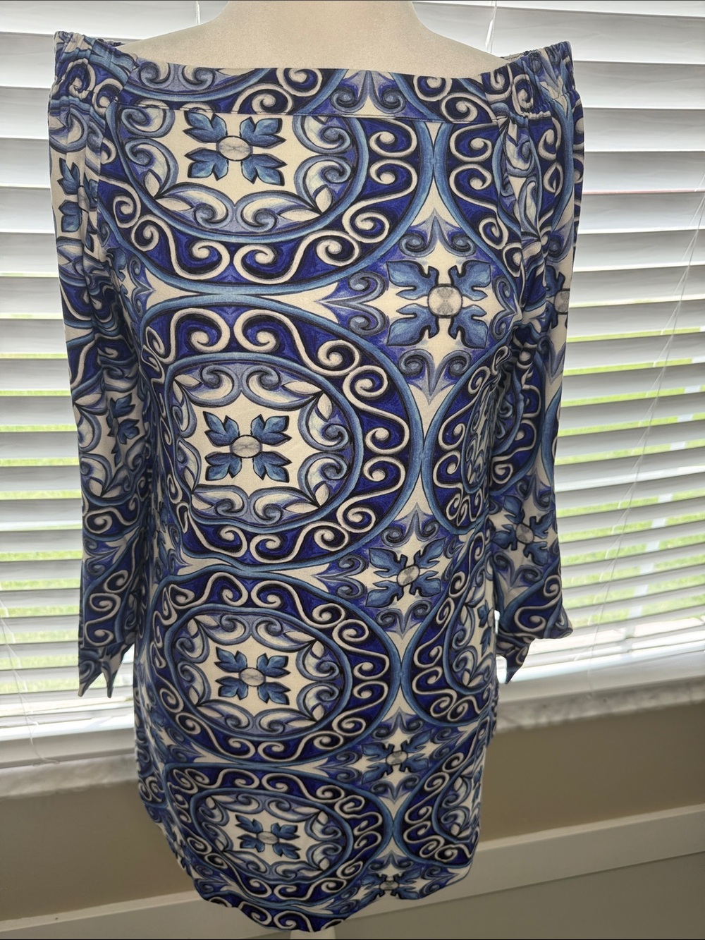 Blue & White Patterned Off-Shoulder Women's Dress